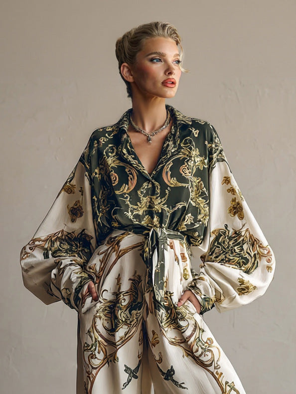 Retro Baroque Floral Print Wide-Leg Pants Multi Top