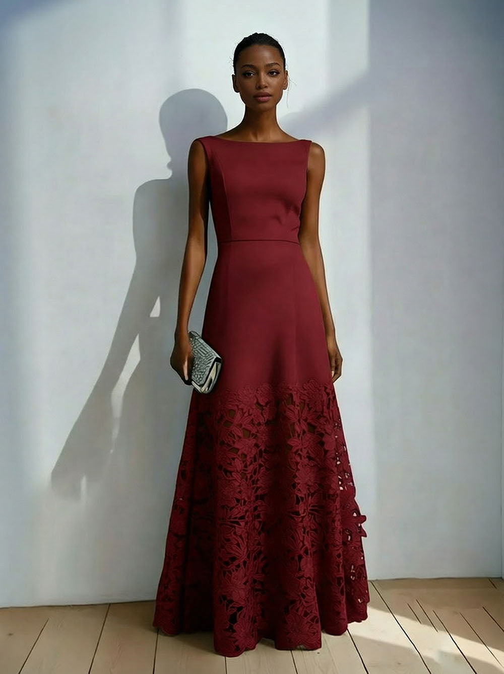 Elegant Lace Boat Neck Sleeveless Maxi Dress Red