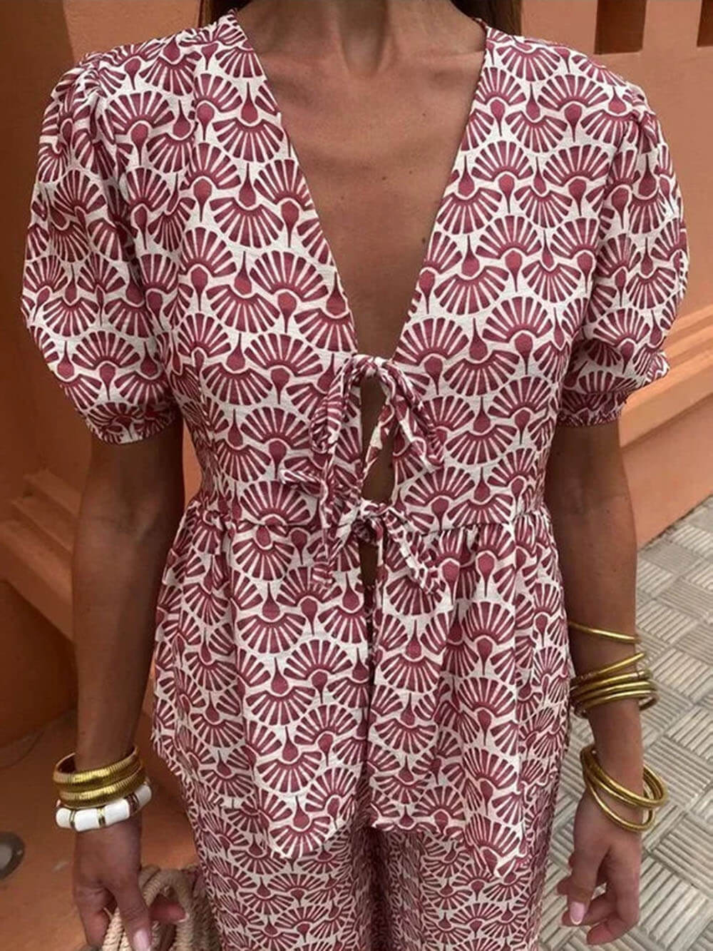 Casual Floral Print Lace-Up V-Neck Top Pink