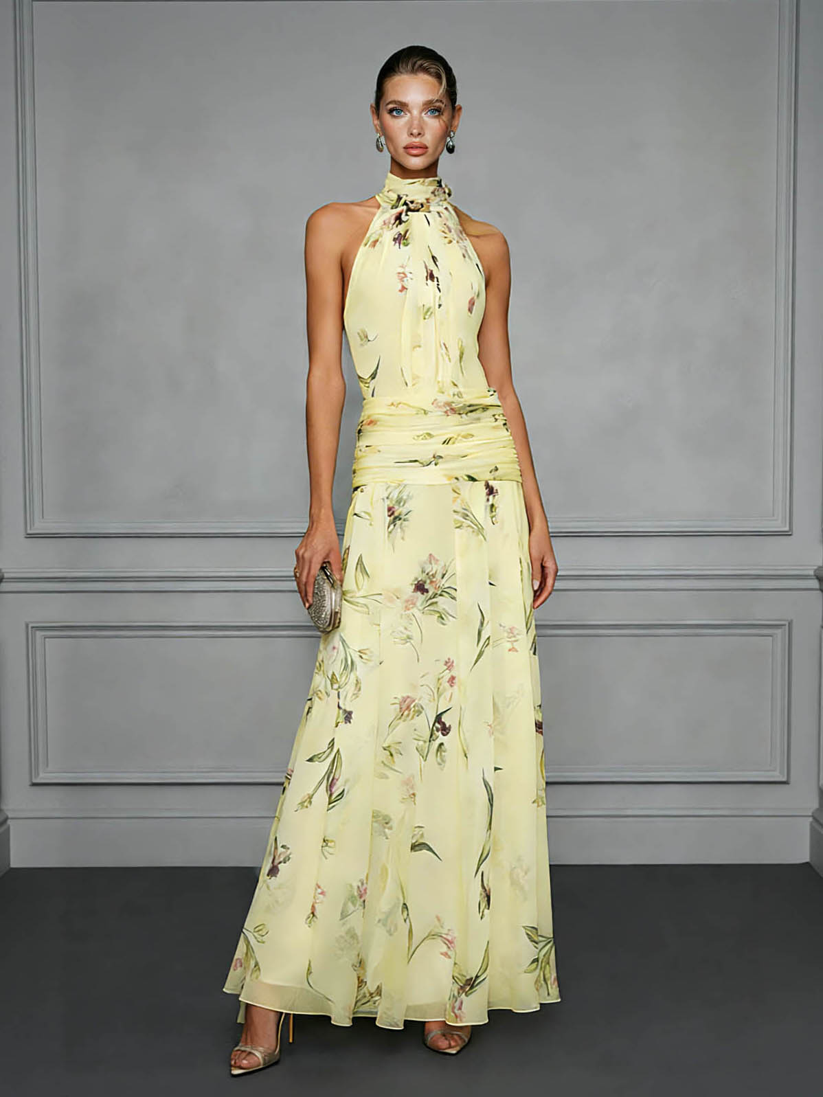 Elegant Ruffled Floral Chiffon Backless Maxi Dress Yellow