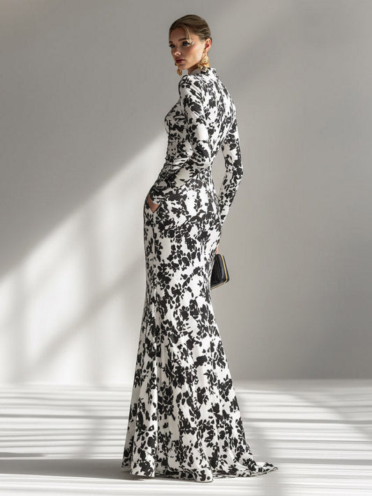 Casual Abstract Print High-Neck Pleated Mermaid Maxi Dress