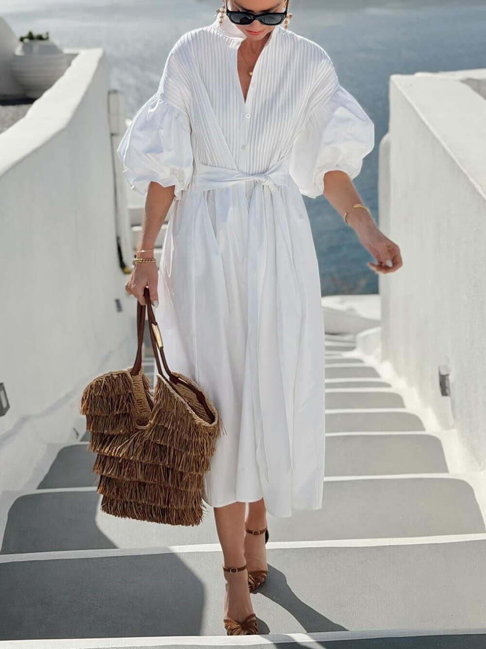 Bohemian Ruched Lantern Sleeve Midi Dress White