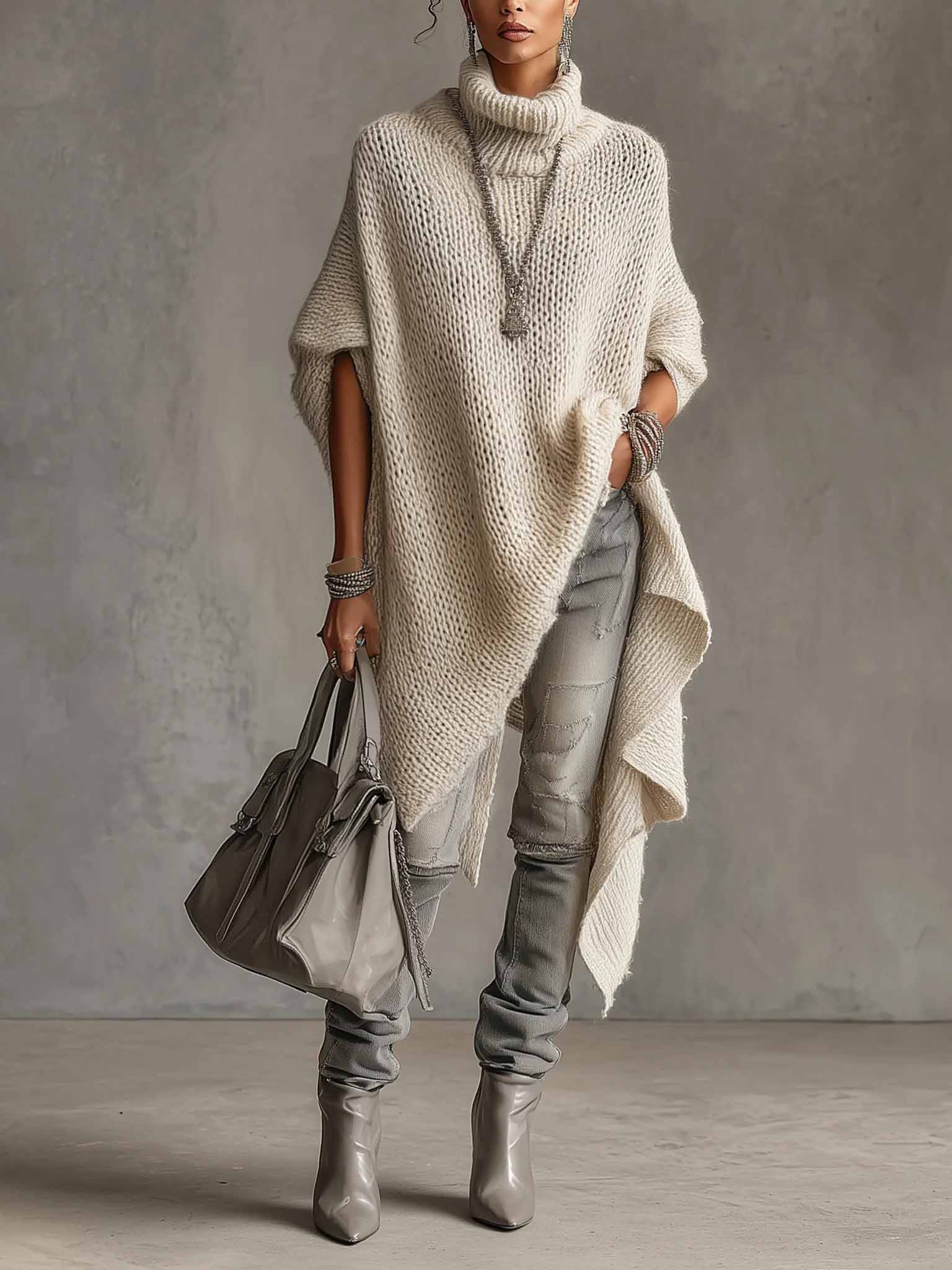 Asymmetrical Hem High-neck Knit Midi Dress Apricot