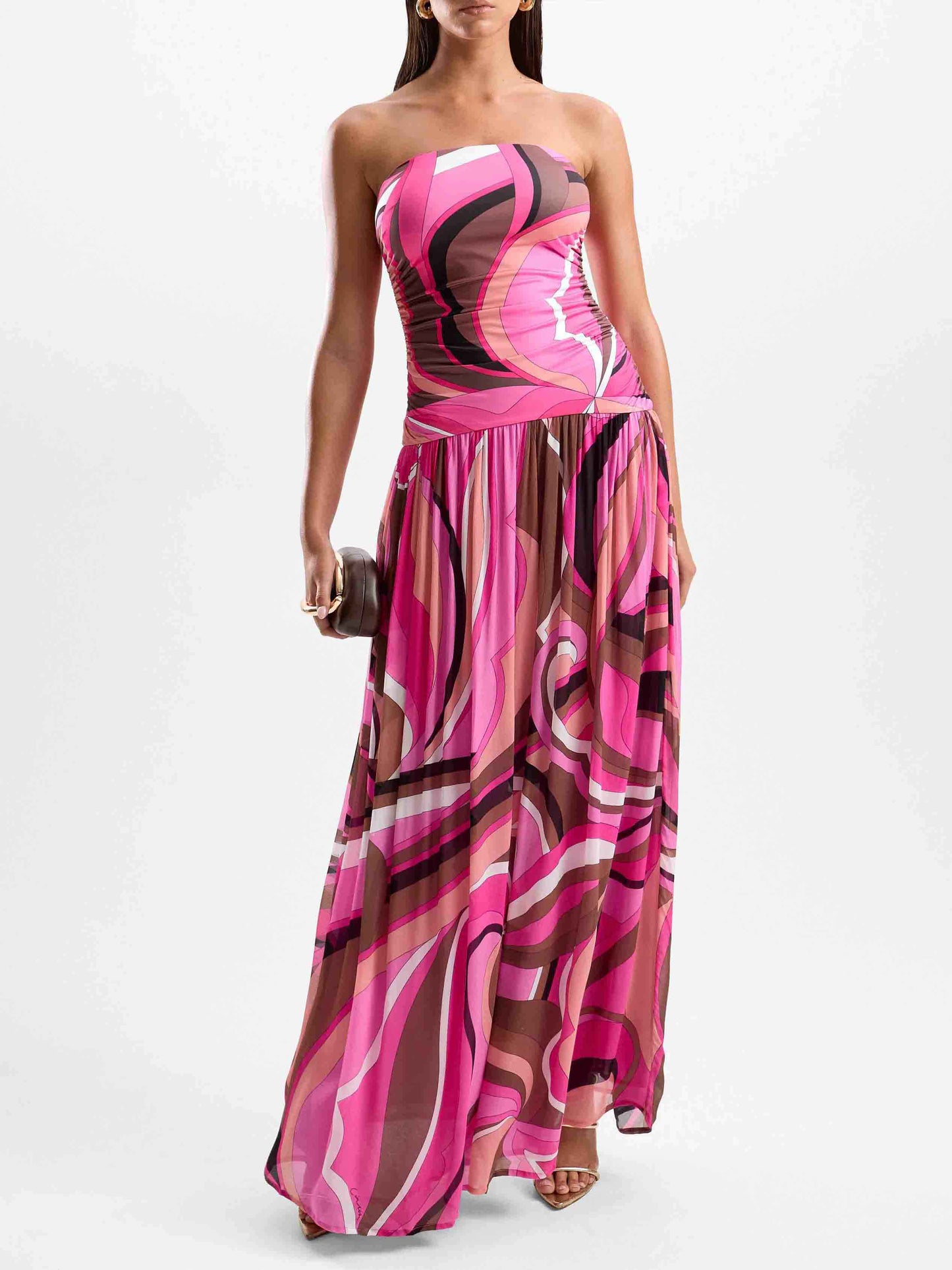 Exquisite Abstract Print Strapless Pleated Maxi Dress Rose Red