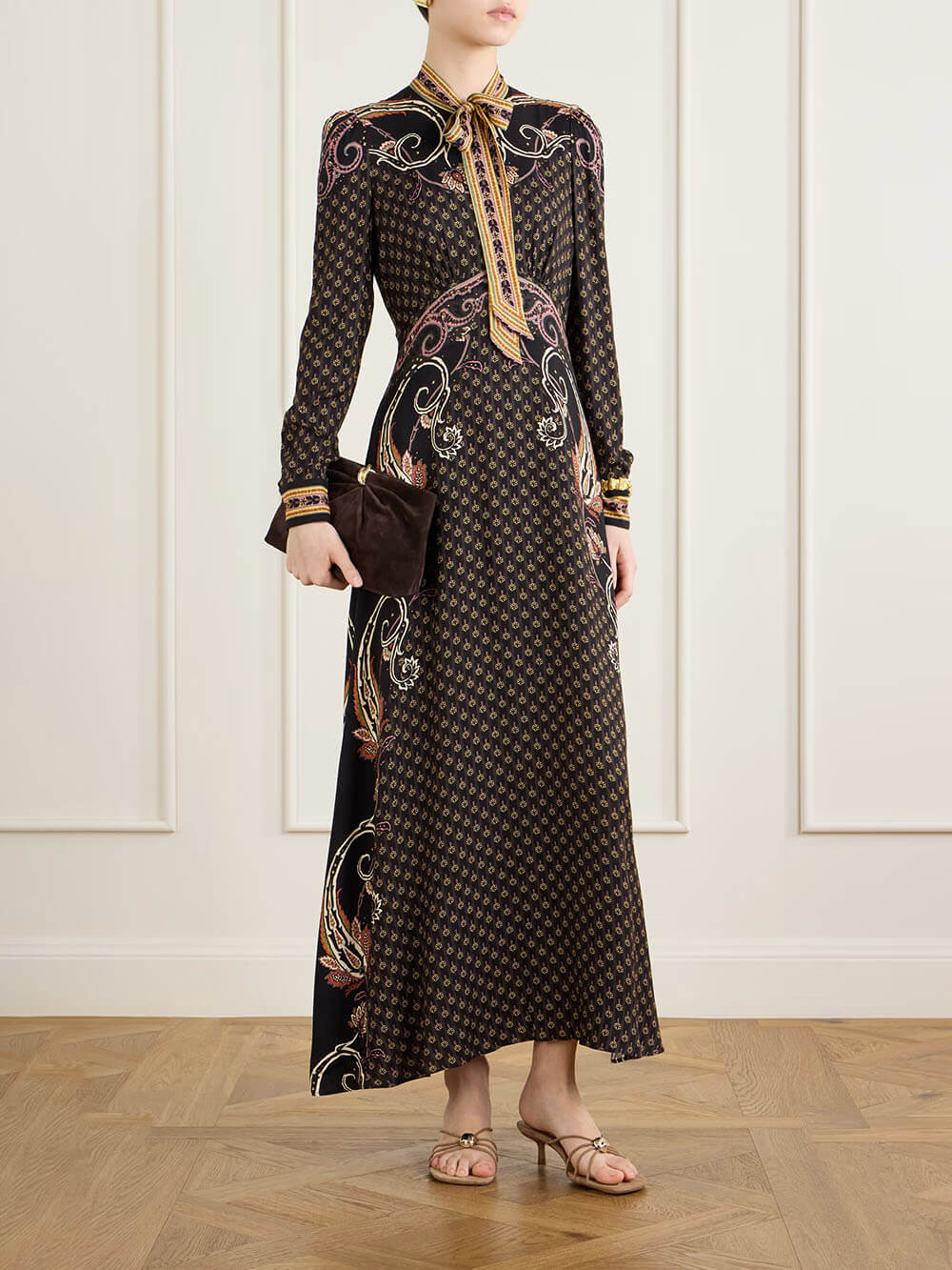 Modern Unique Bow Print Satin Maxi Dress Multicolor