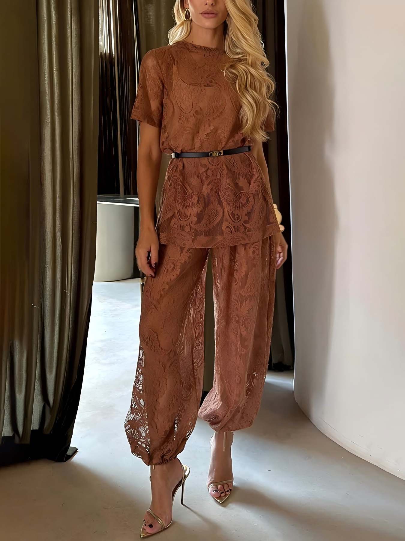 Elegant Sheer Lace Short Sleeve Top And Wide-Leg Pants Set Brown