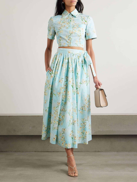 Casual Fresh Floral Print Lace-up Skirt