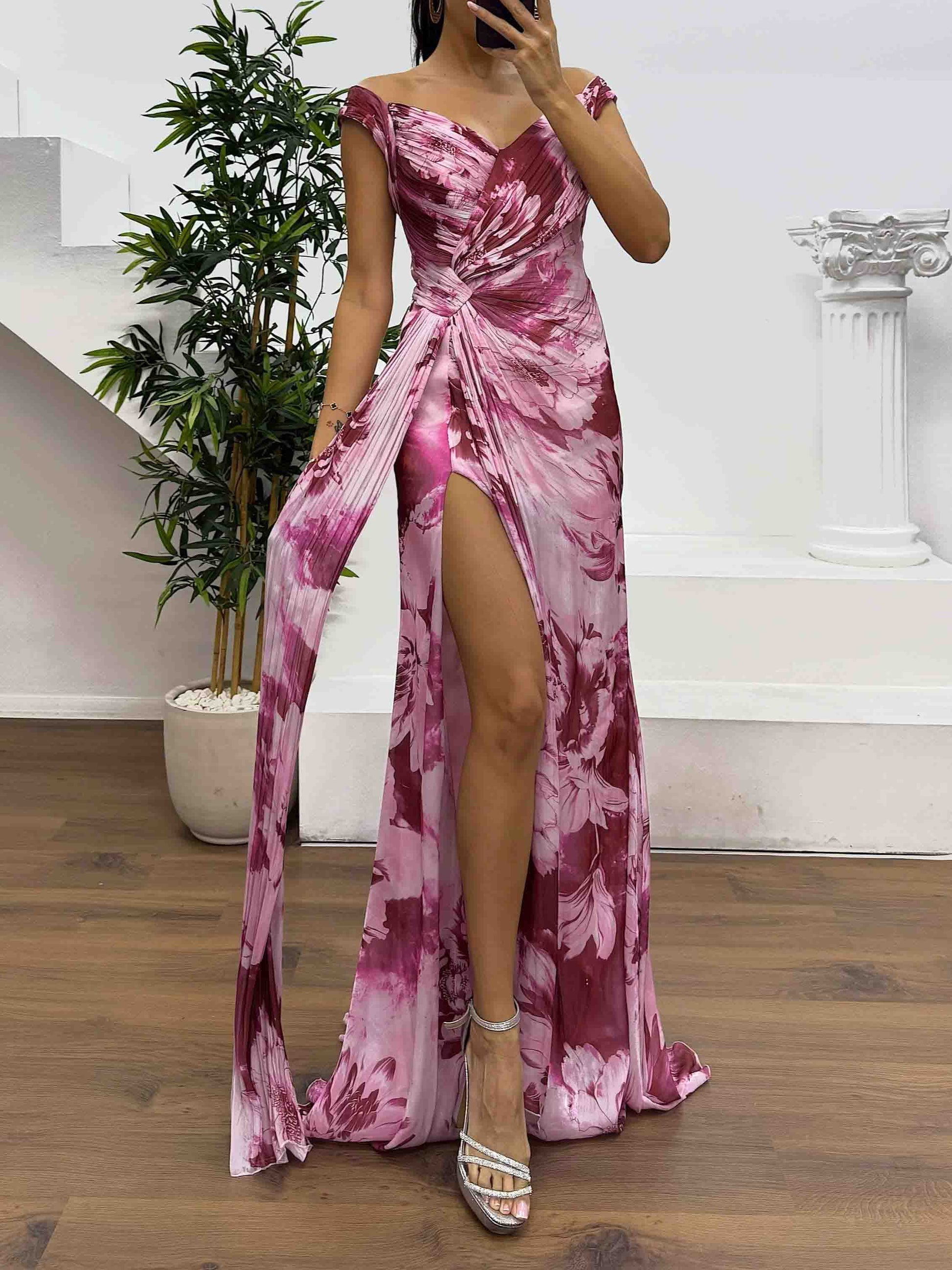 Elegant Watercolor Floral Ruched High Slit Maxi Dress Magenta
