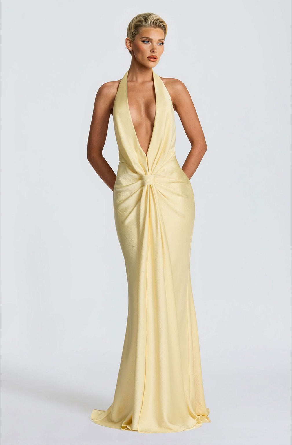 Elegant Backless Twist Front Satin Maxi Dress Yellow