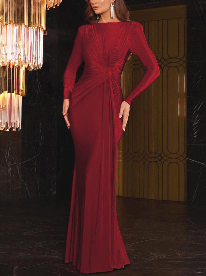Elegant Pleated Sheath Waist Maxi Dress Red