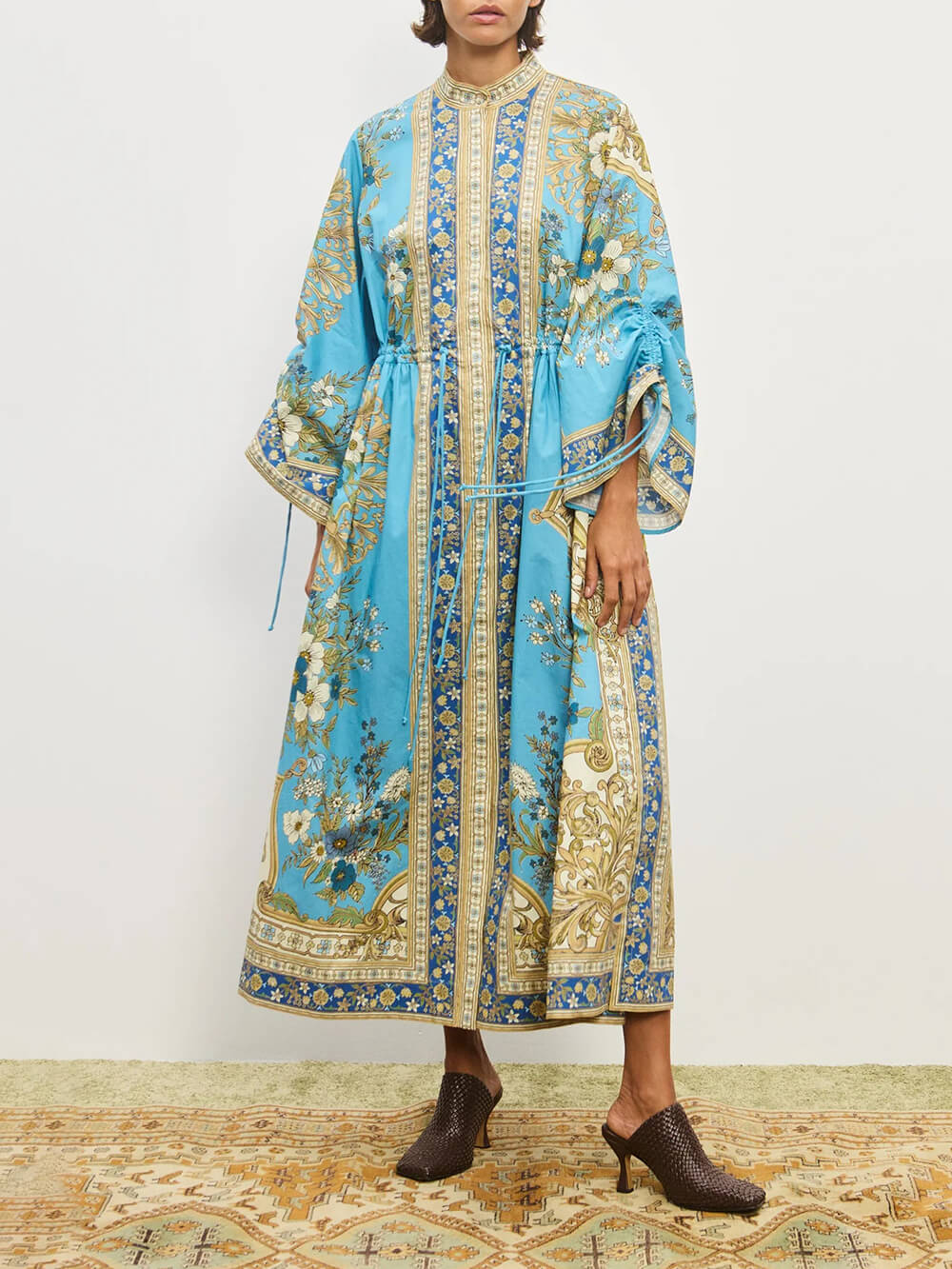 Unique Effortless Floral Print Cuffs Waist Drawstring Loose Shirt Silhouette Dress Multicolor