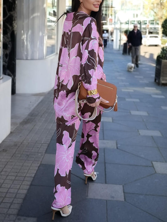 Casual Magnolia Print Asymmetric Loose Button-Up Shirt