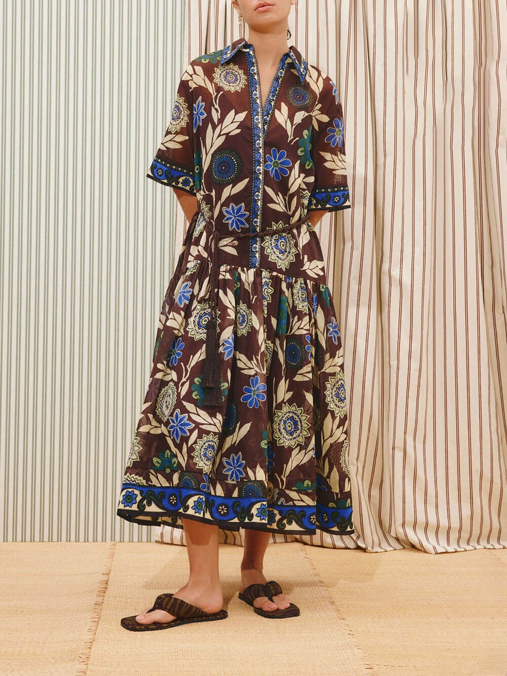 Retro Print Button-Front With Braided Rope Belt Maxi Shirtdress Multicolor