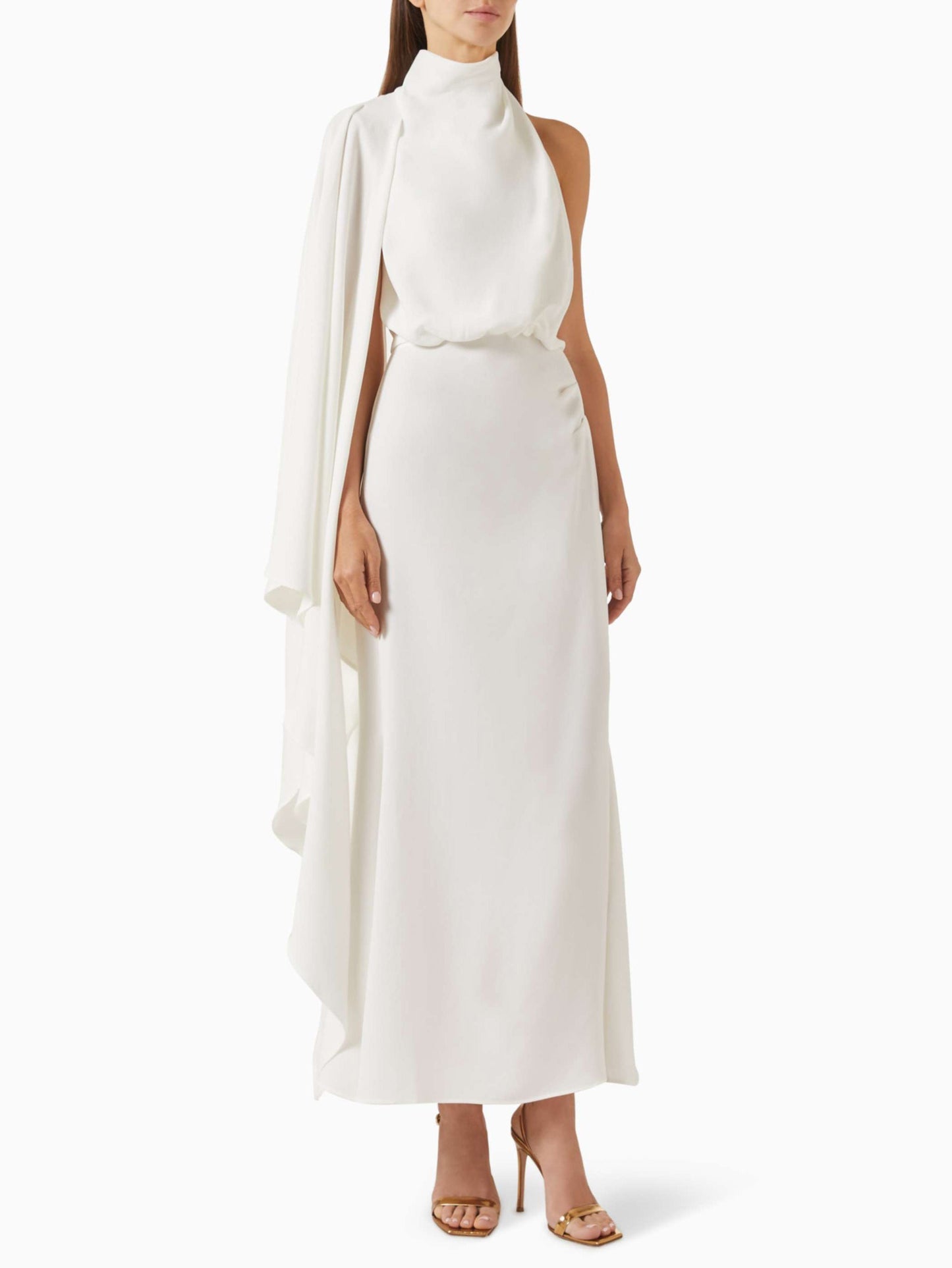 Elegantly Draped Cape-sleeved Satin Maxi Dress
