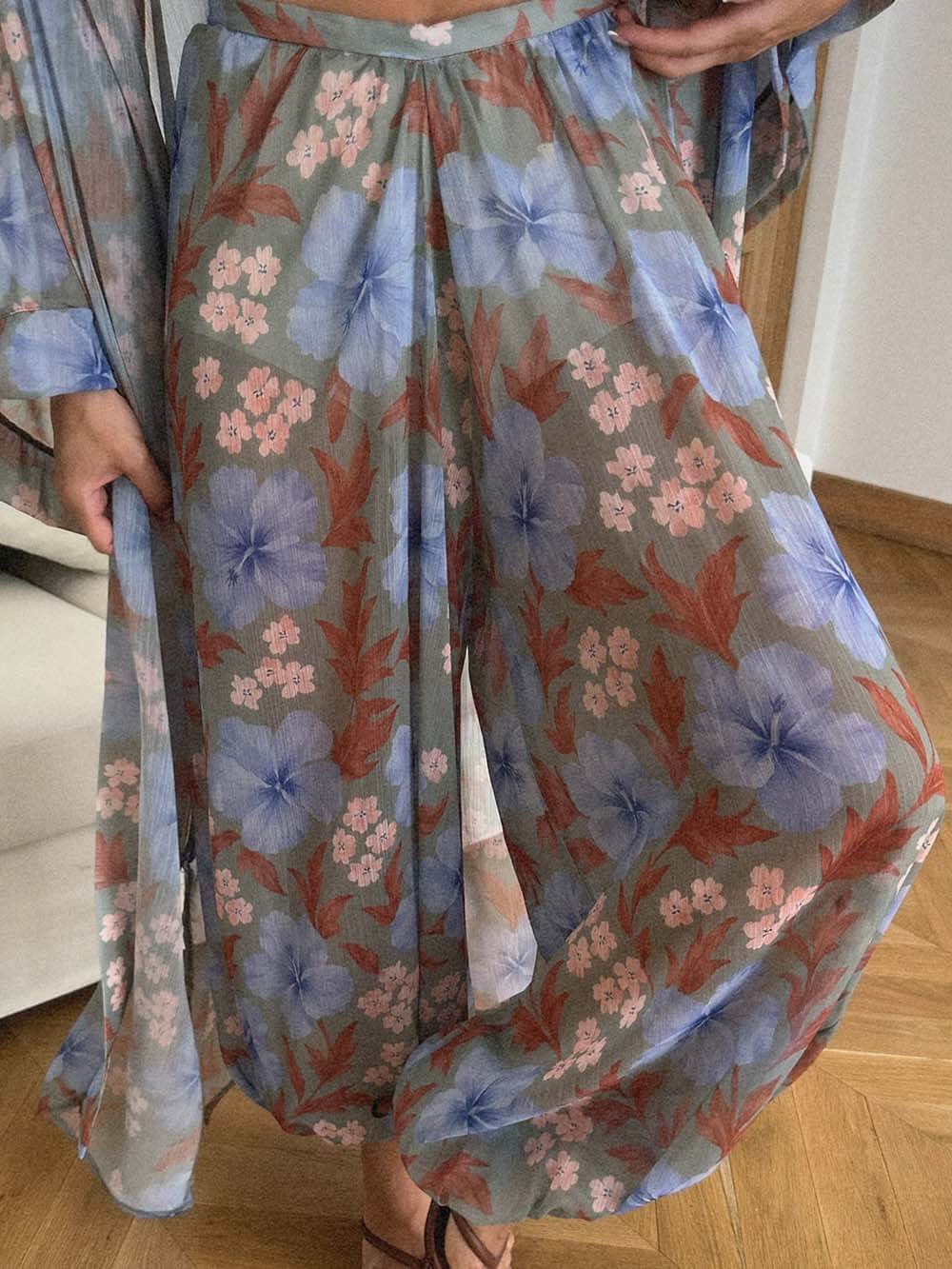 Unique Blue Floral Print Elastic Waist Lantern Pants Multicolor