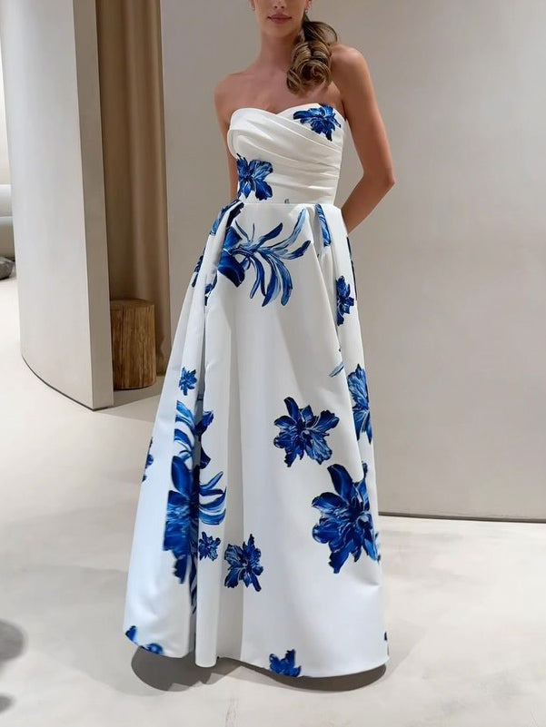 Elegant Off-the-shoulder Ruffled Bodycon Floral Print Maxi Dress White&Blue