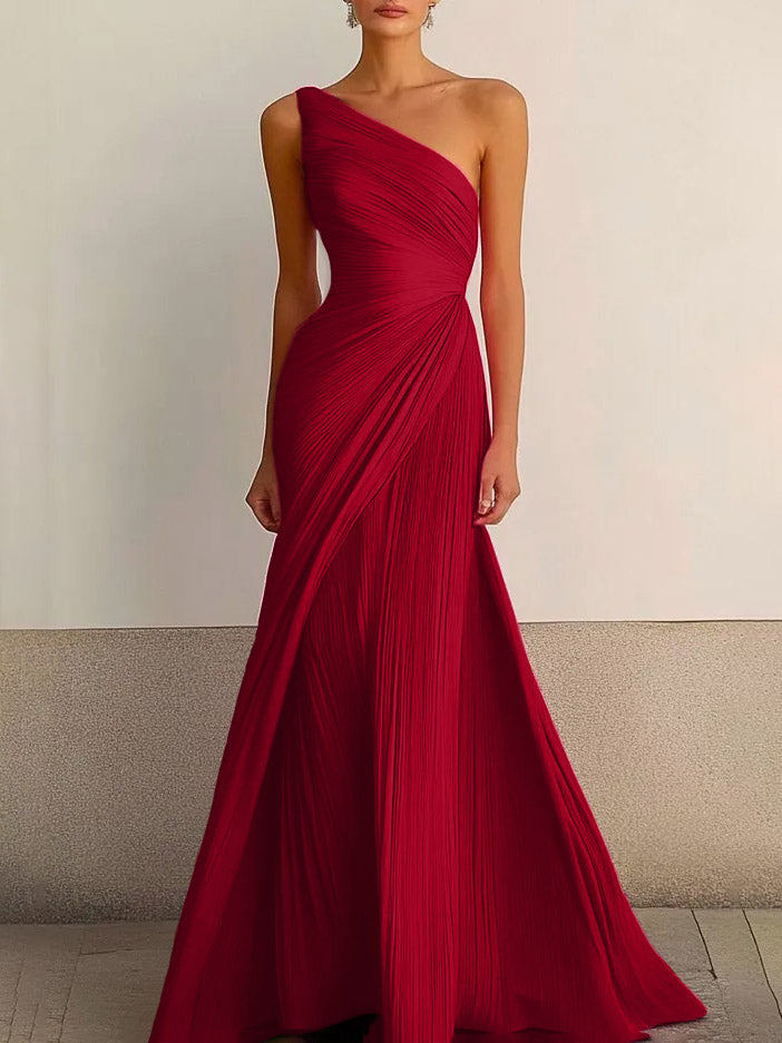 Elegant One-Shoulder Pleated Maxi Dress Red