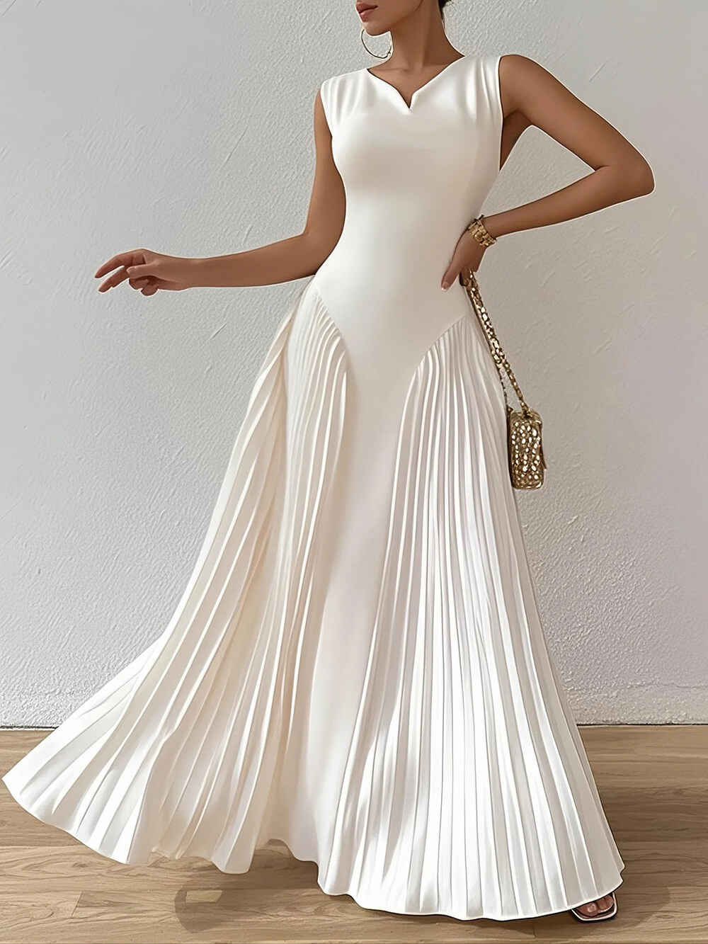 Exquisite Pleated Waist-Cinching Full-Skirt Gown Maxi Dress White