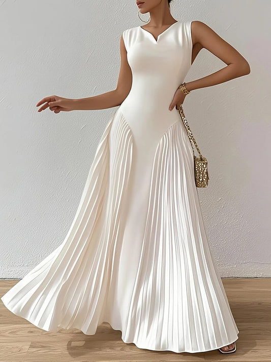 Exquisite Pleated Waist-Cinching Full-Skirt Gown Maxi Dress White