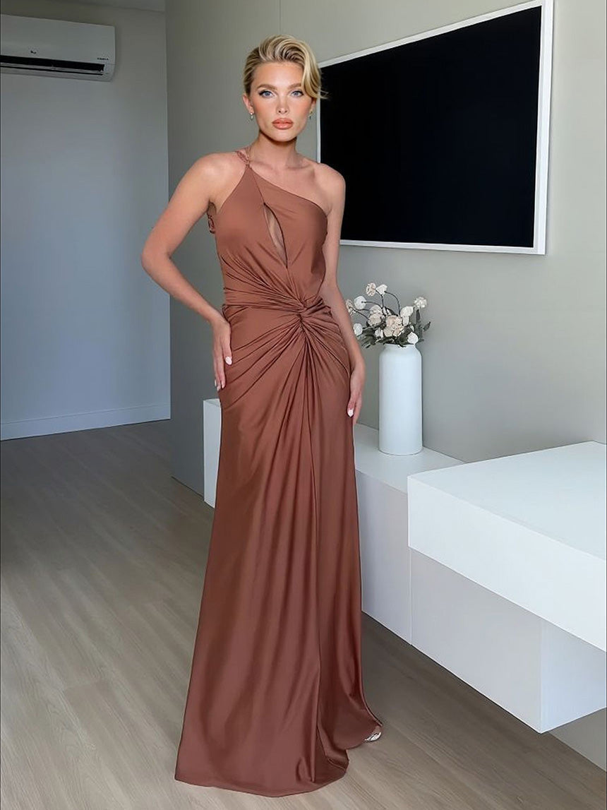 Sexy One-Shoulder Ruched Keyhole Maxi Dress Brown