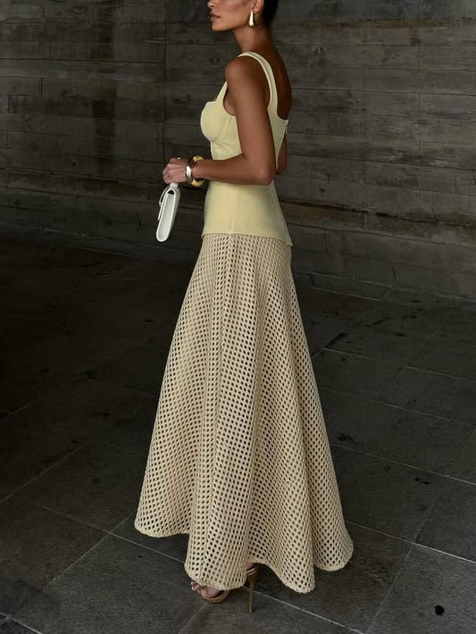 Elegantly Structured Bustier Mesh A-Line Maxi Dress