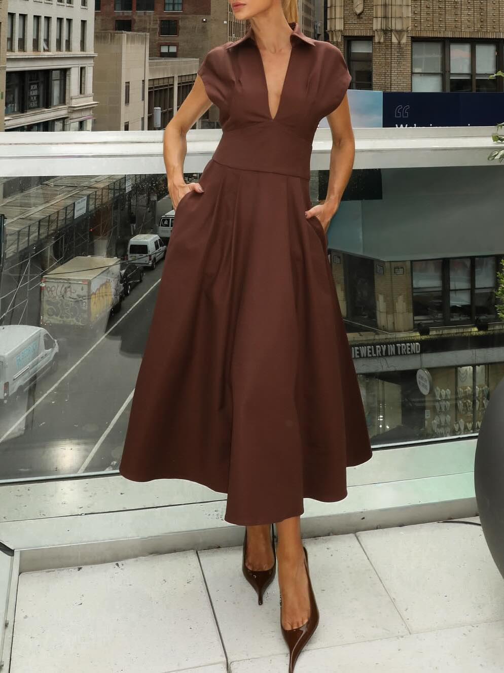 Elegant V-neck Waisted Flowing Midi Dress Brown