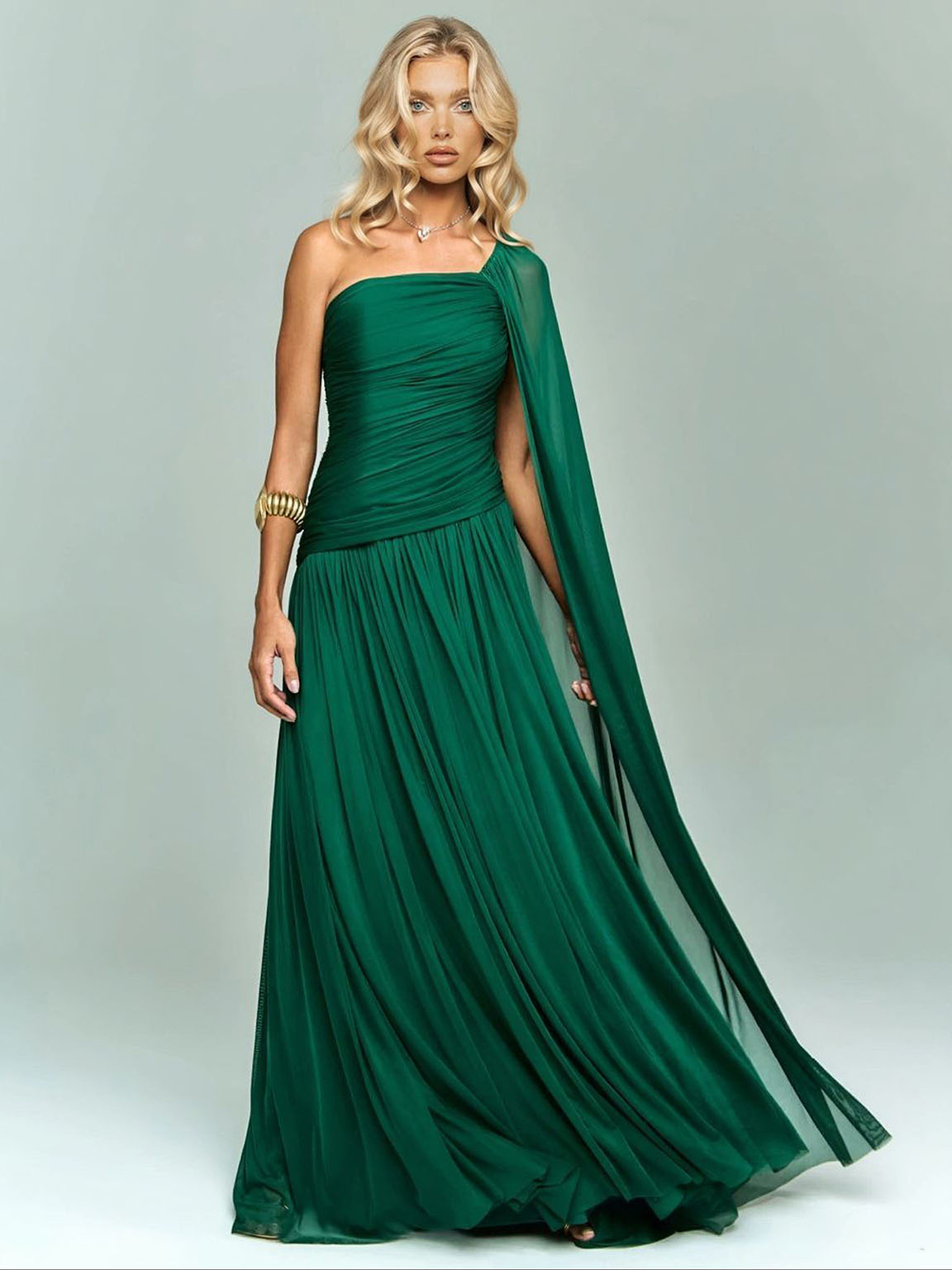 Elegant One-Shoulder Ruched Chiffon Maxi Dress Green