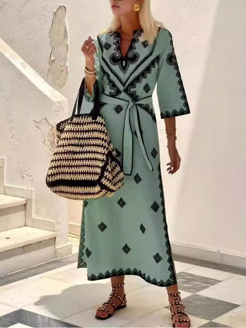 Bohemian Style Unique Print Belted Midi Dress Olive Green