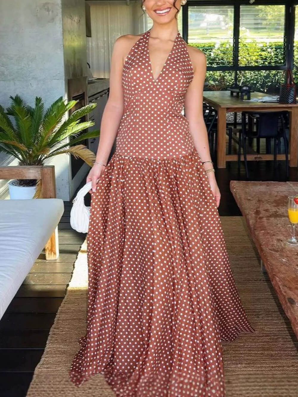 Chic Polka Dot Print V-Neck Halter Tie-Neck Maxi Dress Burgundy