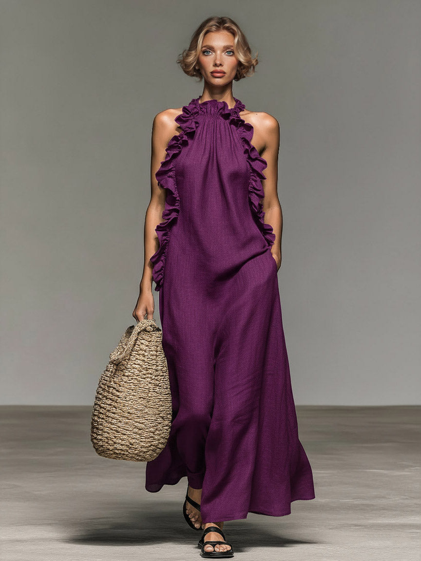 Elegant Ruffle Halter Neck Maxi Dress Purple