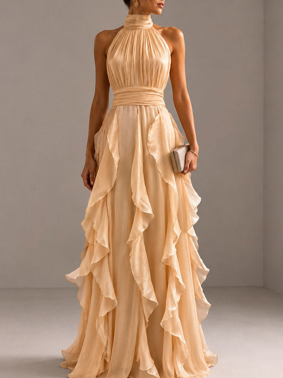 Elegant Backless Ruched Tiered Ruffle Maxi Dress Orange