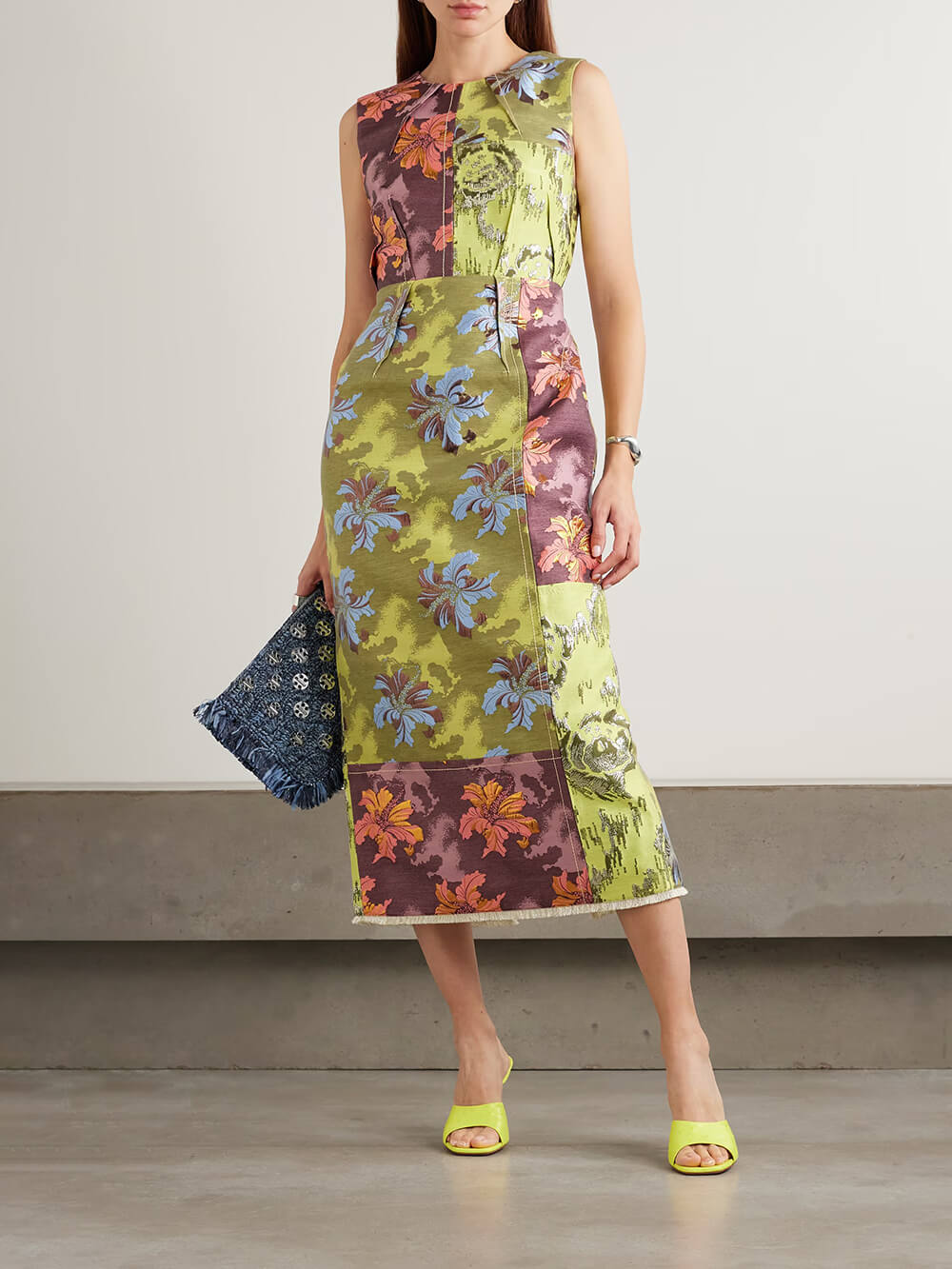 Retro Unique Patchwork Floral Print Midi Dress Multicolor