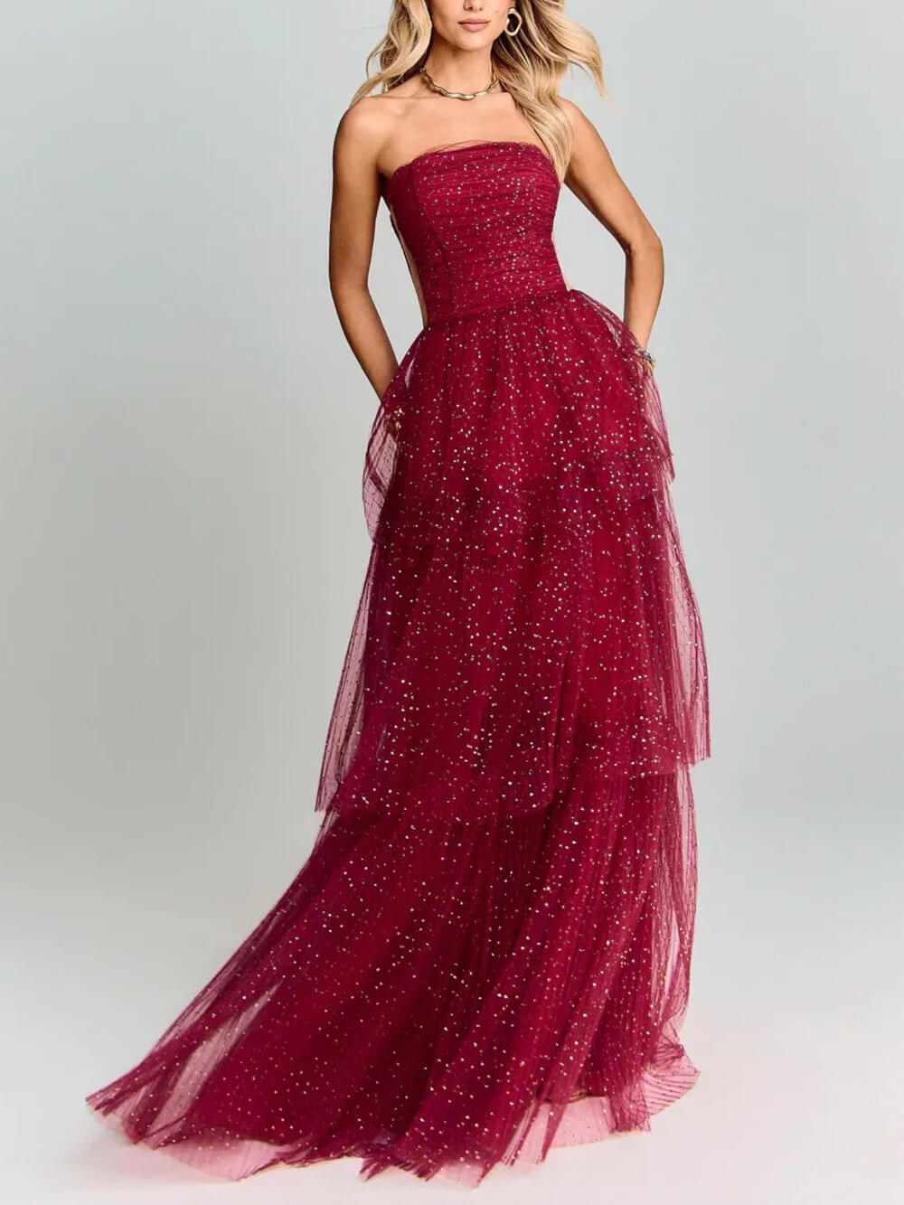 Elegant Red Polka Dot Layered Tulle Party Maxi Dress Red