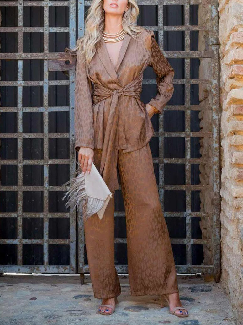 Elegant Satin Jacquard Wide-leg Pants Two-piece Suit Brown