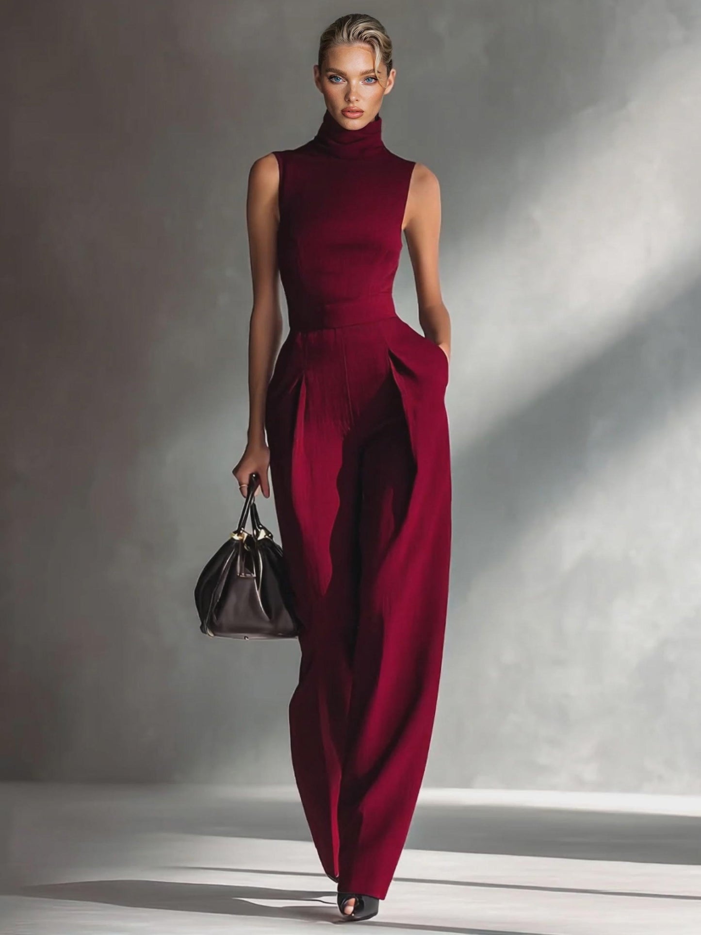 Casual Sleeveless High-Neck Wide-Leg Jumpsuit Red