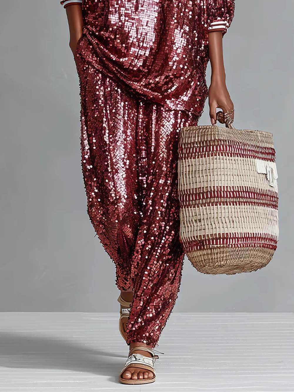 Charming Sequined Elastic Waist Pocket Skinny Pants Burgundy