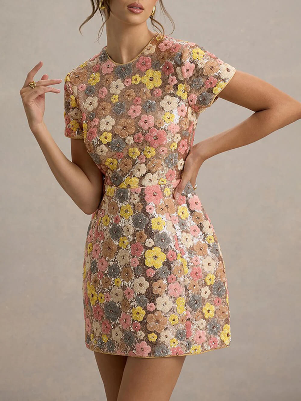 Retro 80's Inspired Floral Print Sequin Short Sleeve Stretch Mini Dress Pink