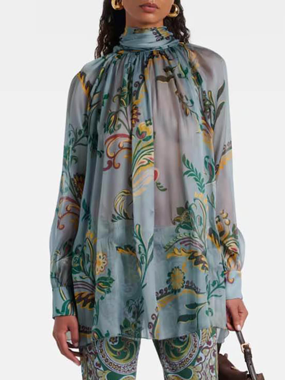 Delicate Floral Print Pleated Tie-Front Chiffon Blouse Blue
