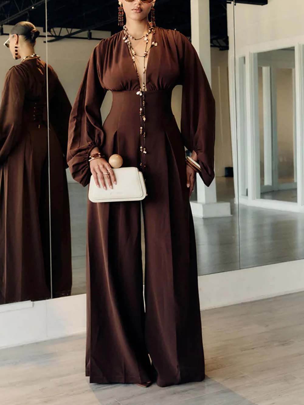 Casual Deep V-Neck Jumpsuit Brown