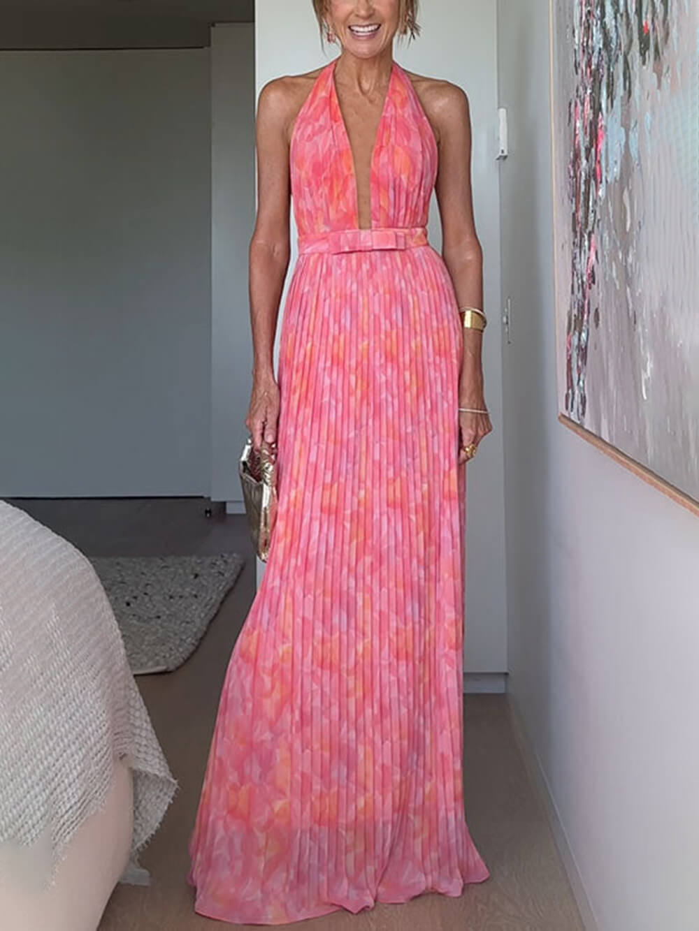 Elegant Halter V Neck Open Back Print Pleated Maxi Dress Pink