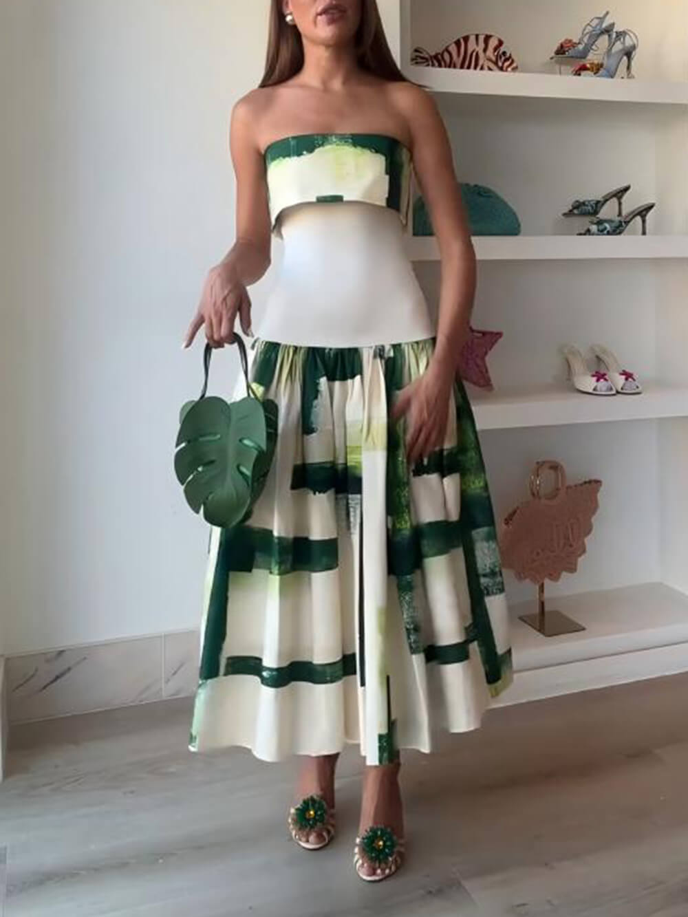 Elegant Printed Strapless Ribbed Bodycon Midi Dress Green