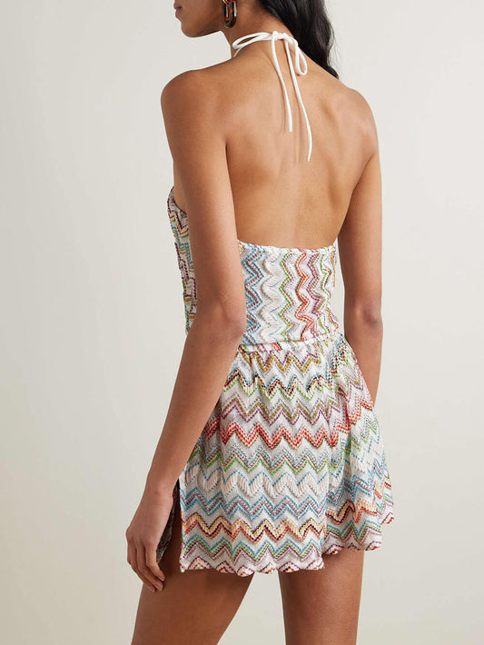 Unique Metallic Crochet Halter Jumpsuit