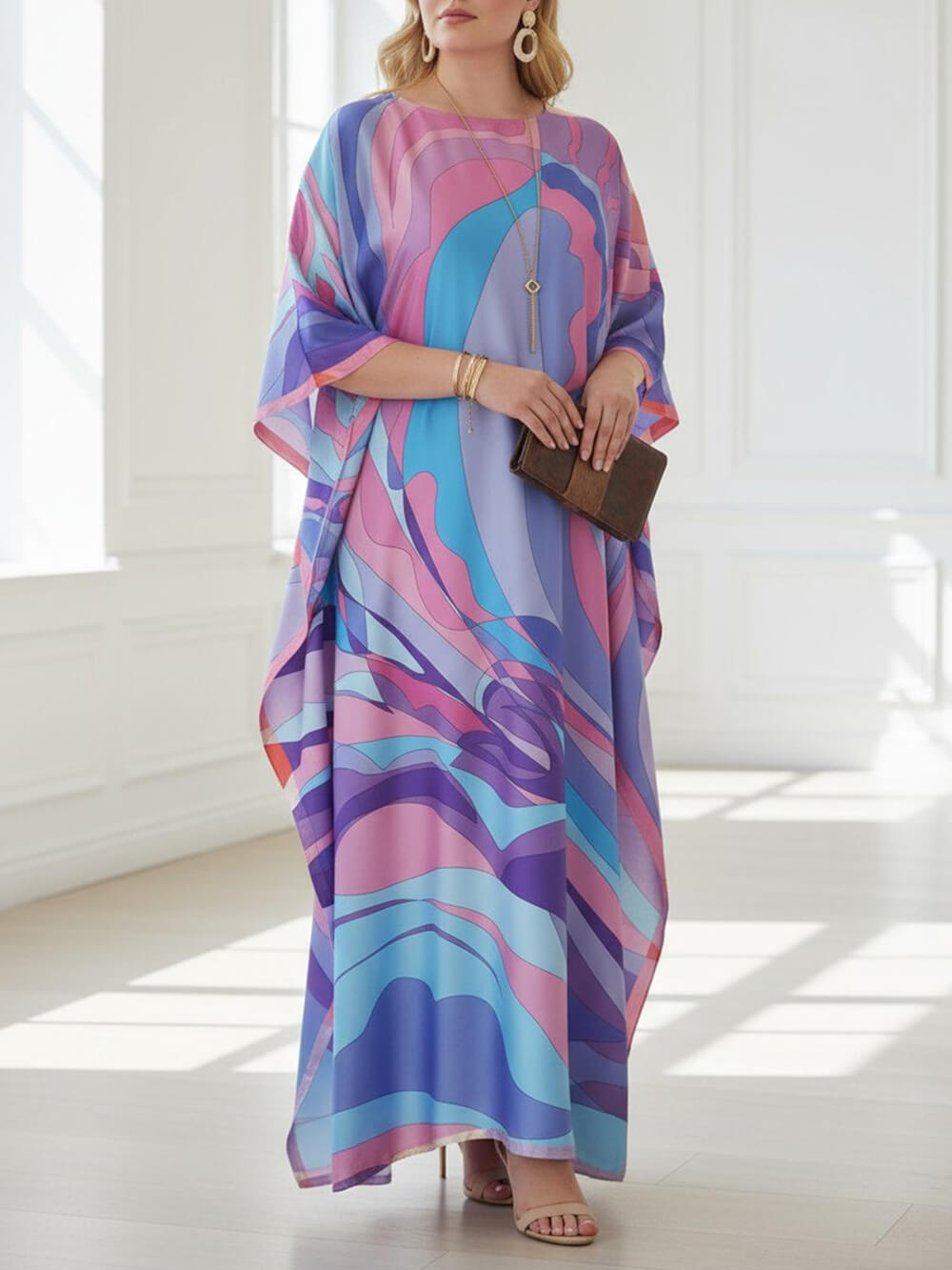 Classic Print Kaftan Kimono Maxi Dress Multicolor One Size