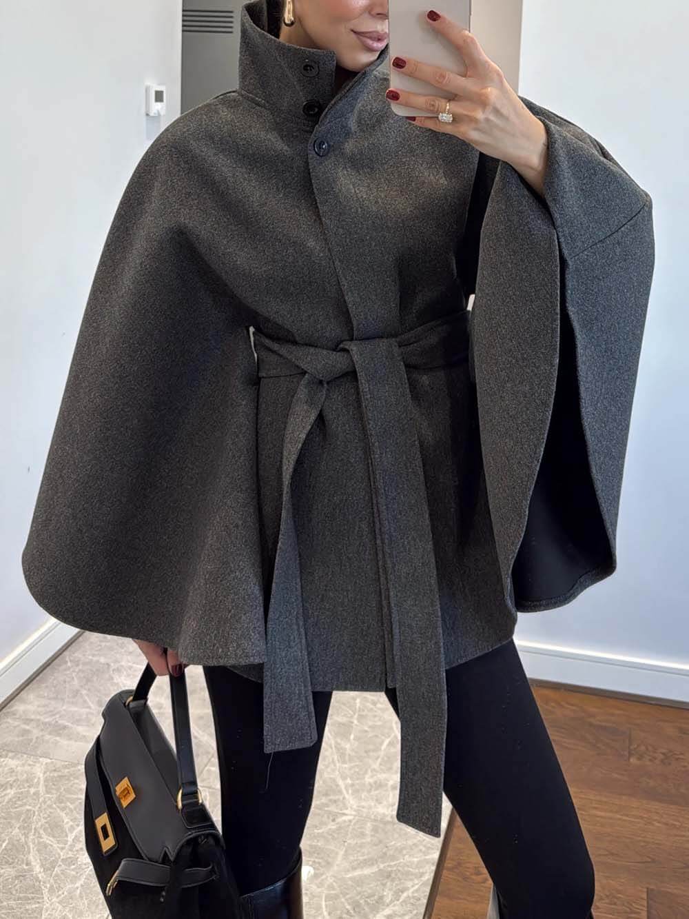 Elegant Classic Belted Cape Coat Gray