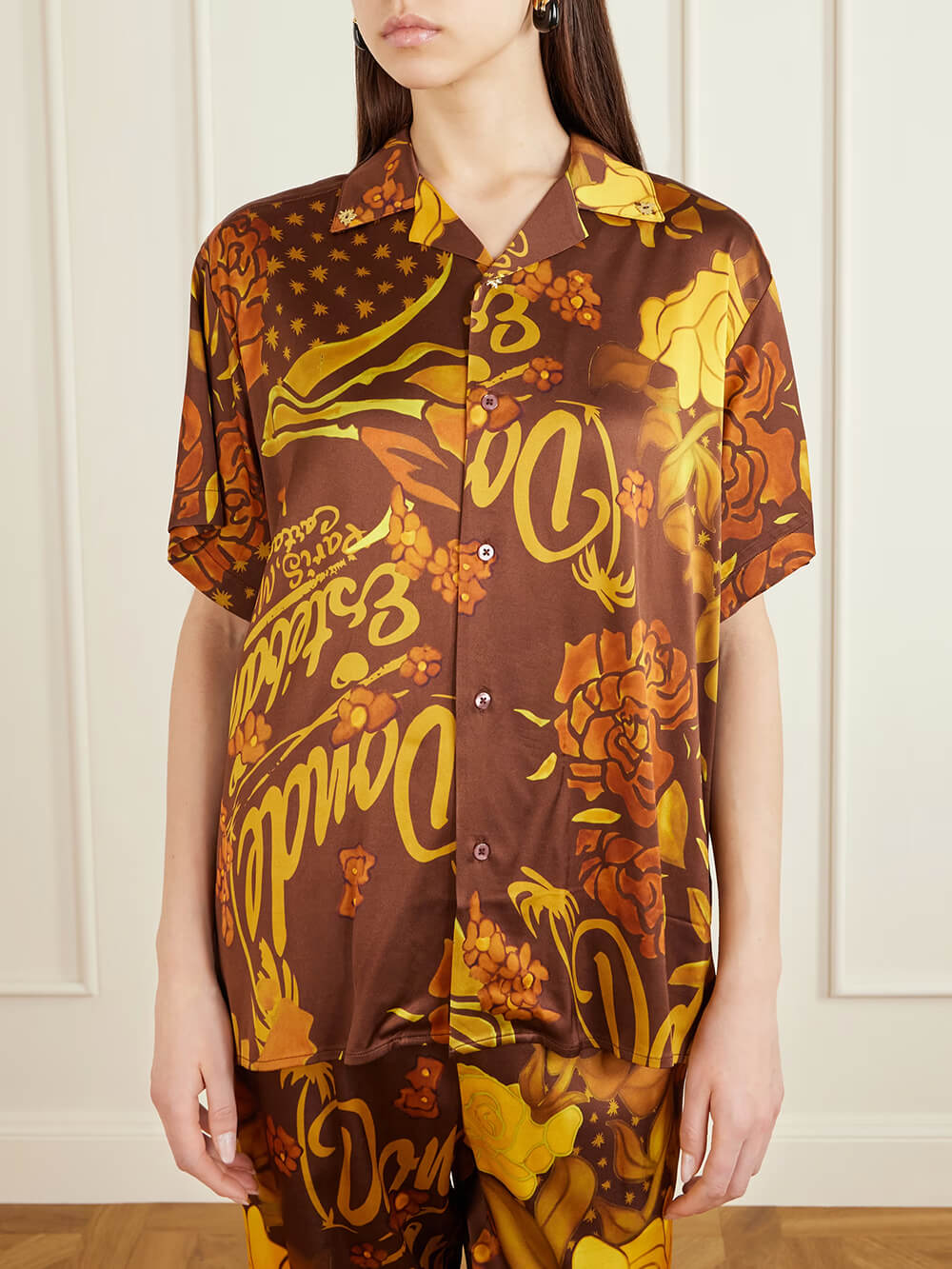Unique Printed Satin Button-Down Loose Shirt Brown