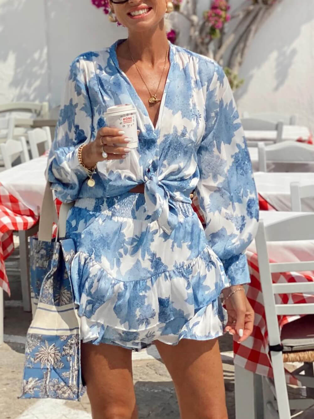 Summer Casual Printed Tie-Front Loose Top & Elastic Waist Shorts Set Blue