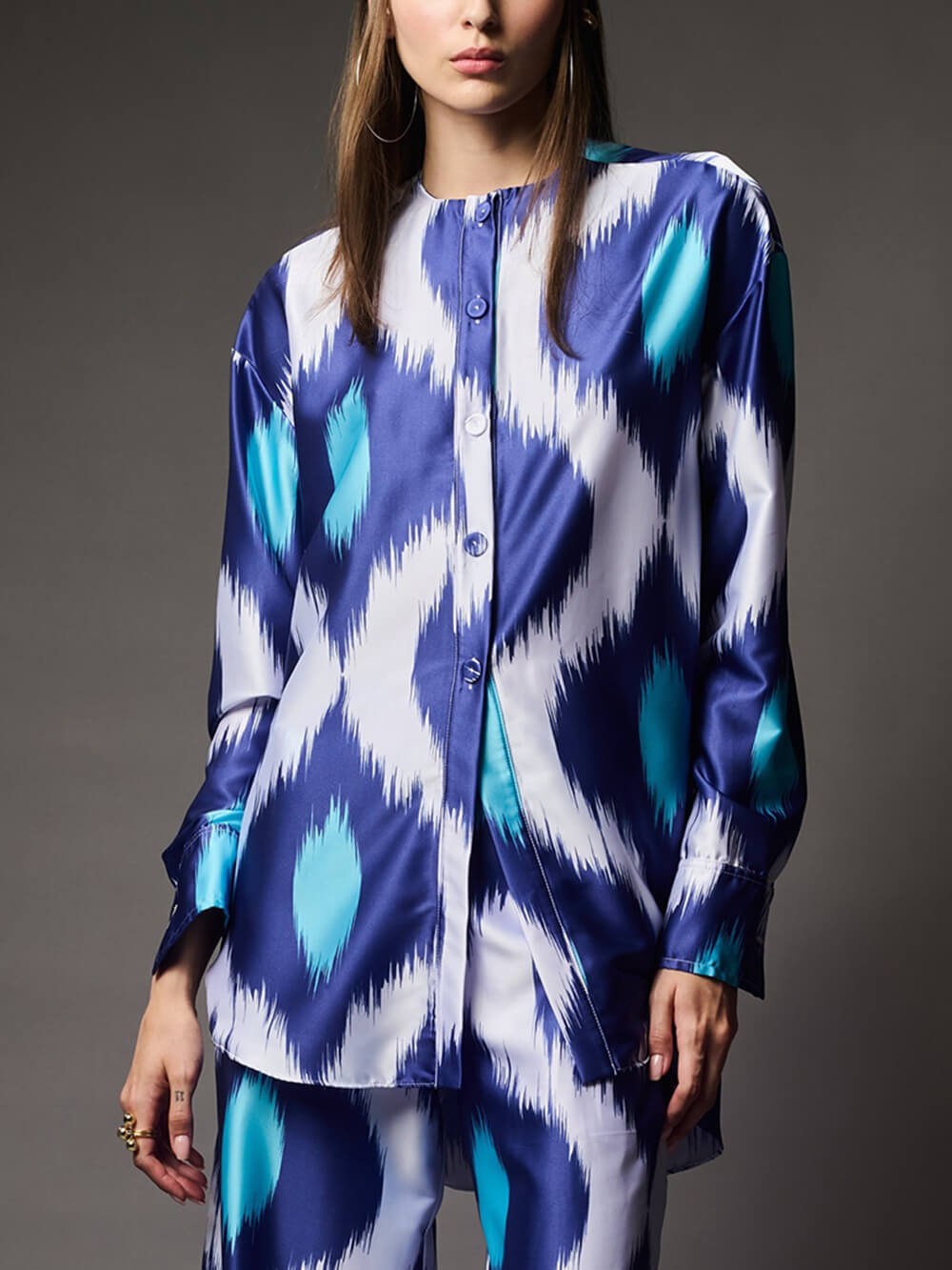 Classic Satin Printed Oversized Button-Up Shirt Blue