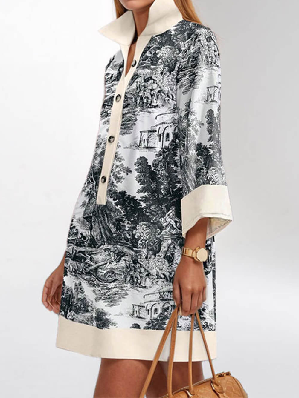 Elegant Oil Painting Pattern Contrast Print Loose Mini Dress Black