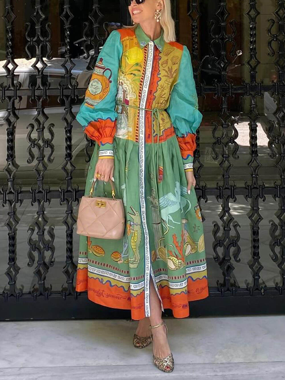 Unique Linen Ocean Animal Print Cardigan Belted Maxi Dress Multicolor