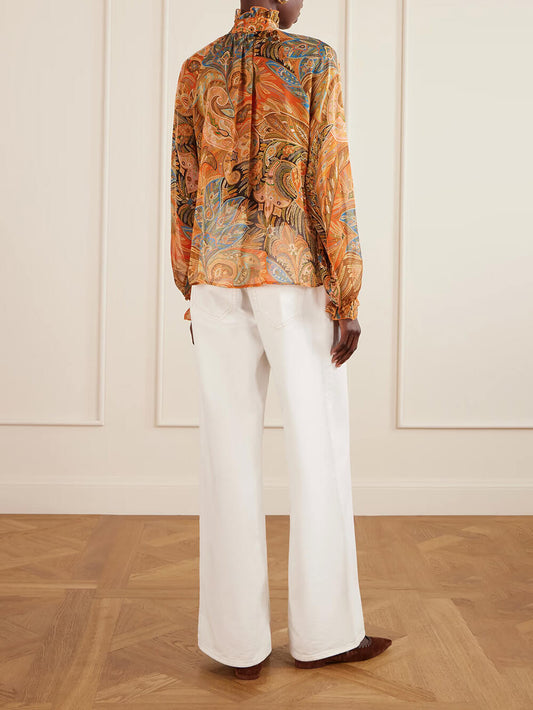 Exquisite Ruffle Trim Paisley Print Chiffon Blouse